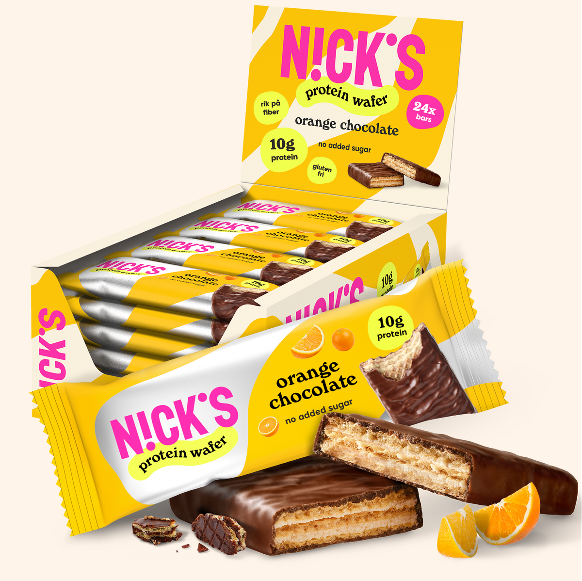 NICK'S Orange Chocolate Protein Wafer 24-pack with chocolate-coated wafers and orange flavor, no added sugar and 10g protein per bar