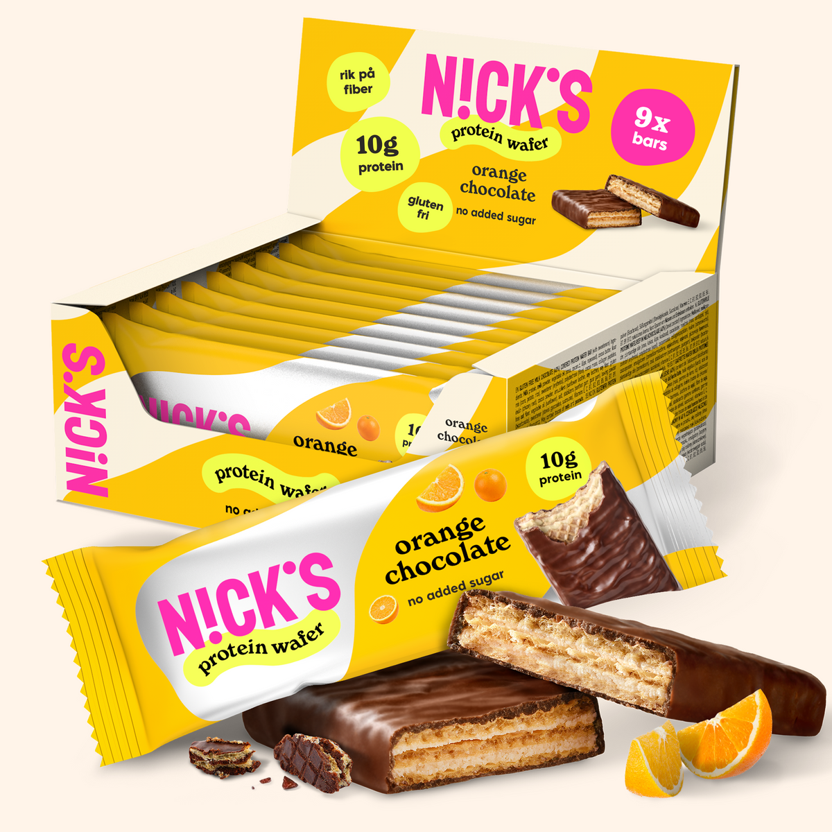 NICK'S Orange Chocolate Protein Wafer 9-pack featuring chocolate-coated wafers with 10g protein and no added sugar