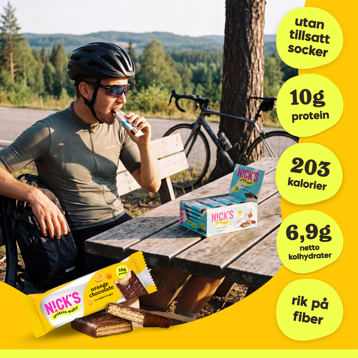 Cyclist enjoying a NICK'S Orange Chocolate Protein Wafer with 10g protein, no added sugar and high fiber