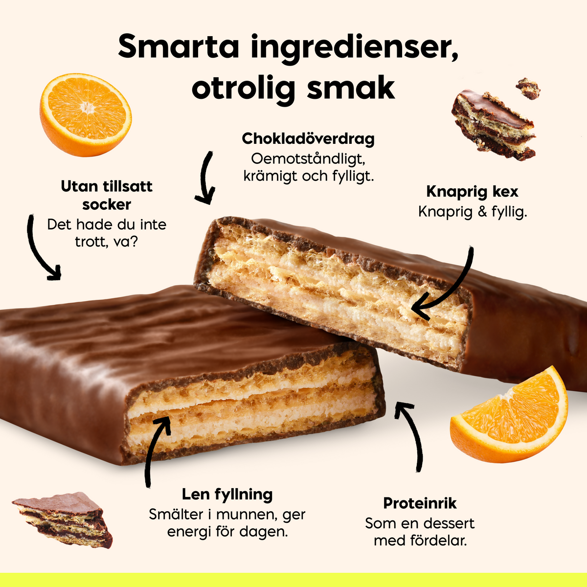 NICK'S Orange Chocolate Protein Wafer showing layers of crispy wafer and smooth chocolate coating with orange flavor