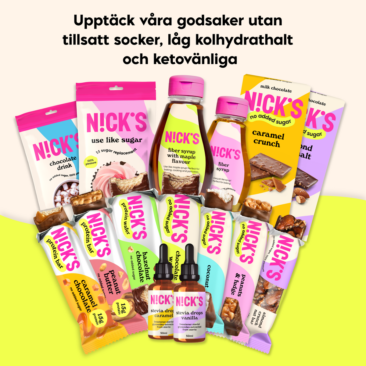 NICK'S product portfolio featuring protein wafers, protein bars, chocolate products, syrups and sweeteners