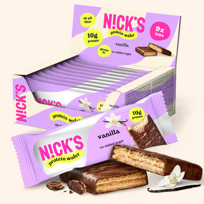N!CK’S Vanilla Protein Wafer 9-pack with chocolate-coated protein wafers and vanilla flavor
